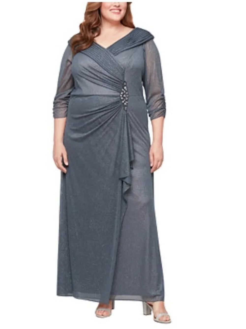 Alex Evening Portrait Collar Glitter Ruched Mesh Dress Size 22W